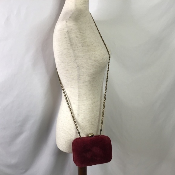FAUX Fur Purse Cross Body Brass Chain Metal Box Frame Burgundy Red - Picture 4 of 11